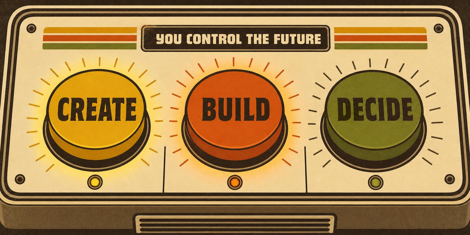 Three retro console buttons lighting up in sequence labeled Create, Build and Decide