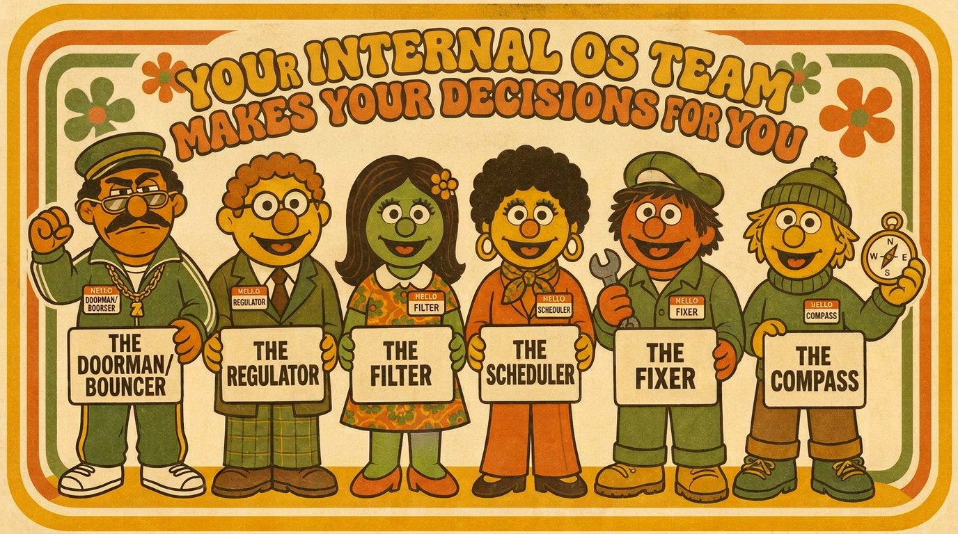 Retro cartoon lineup of six friendly characters under a banner reading 'your internal OS team makes your decisions for you', with name tags: the Doorman/Bouncer, Regulator, Filter, Scheduler, Fixer and Compass