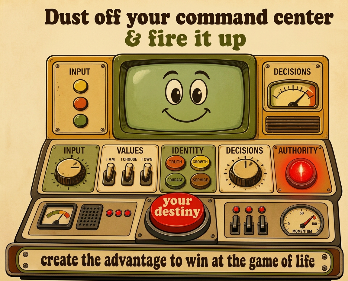 Retro command center console with knobs, levers, dials and switches reading 'Dust off your command center & fire it up', five sections labeled INPUT, VALUES, IDENTITY, DECISIONS and AUTHORITY with a bright red authority light, a big 'your destiny' button below, and the line 'create the advantage to win at the game of life'