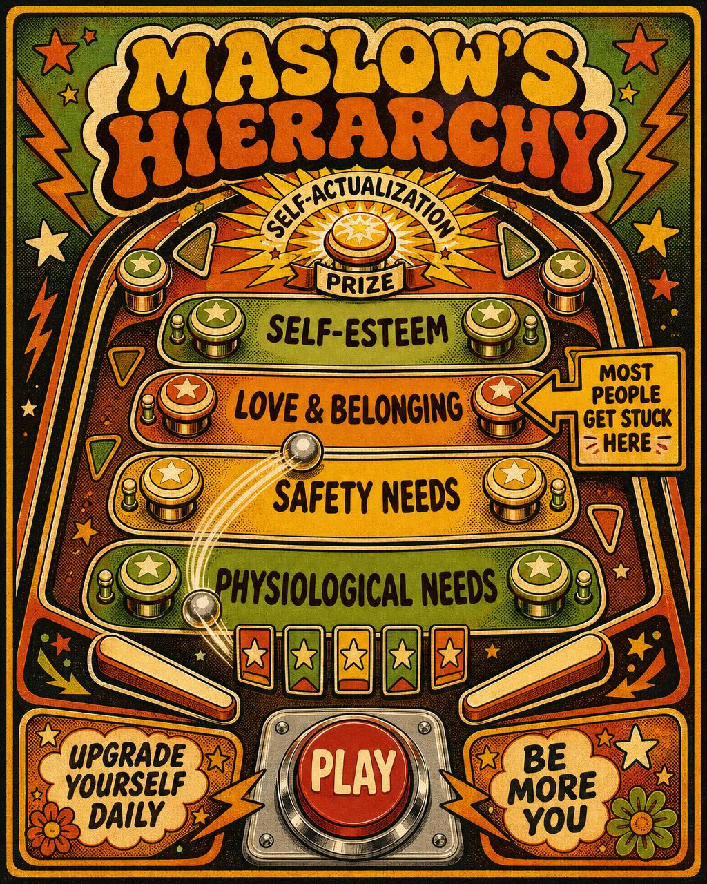 Seventies pinball backglass illustrating Maslow's hierarchy of needs