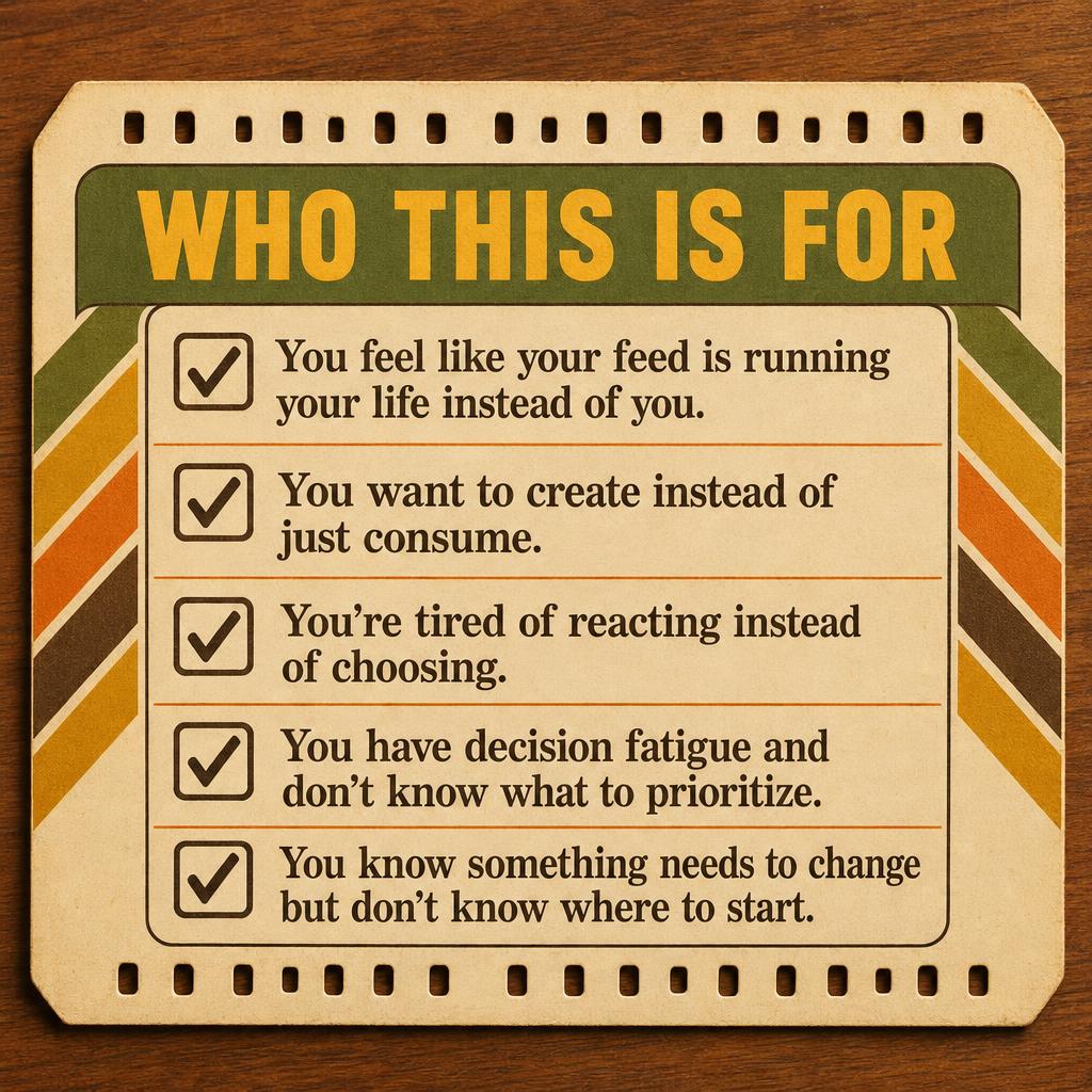 Retro punch card checklist titled Who This Is For with five checked items