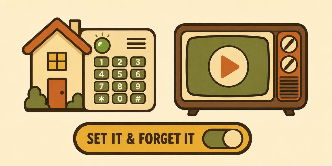 Retro icons of a home security panel and a television screen with a play button, above a set it and forget it switch